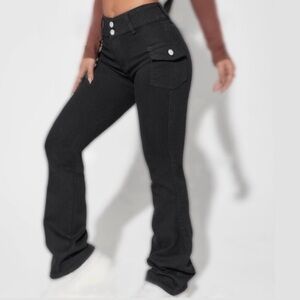 Cargo Style Mid Rise Jeans with a Double Button Closure & 2 Side Pockets on Hips